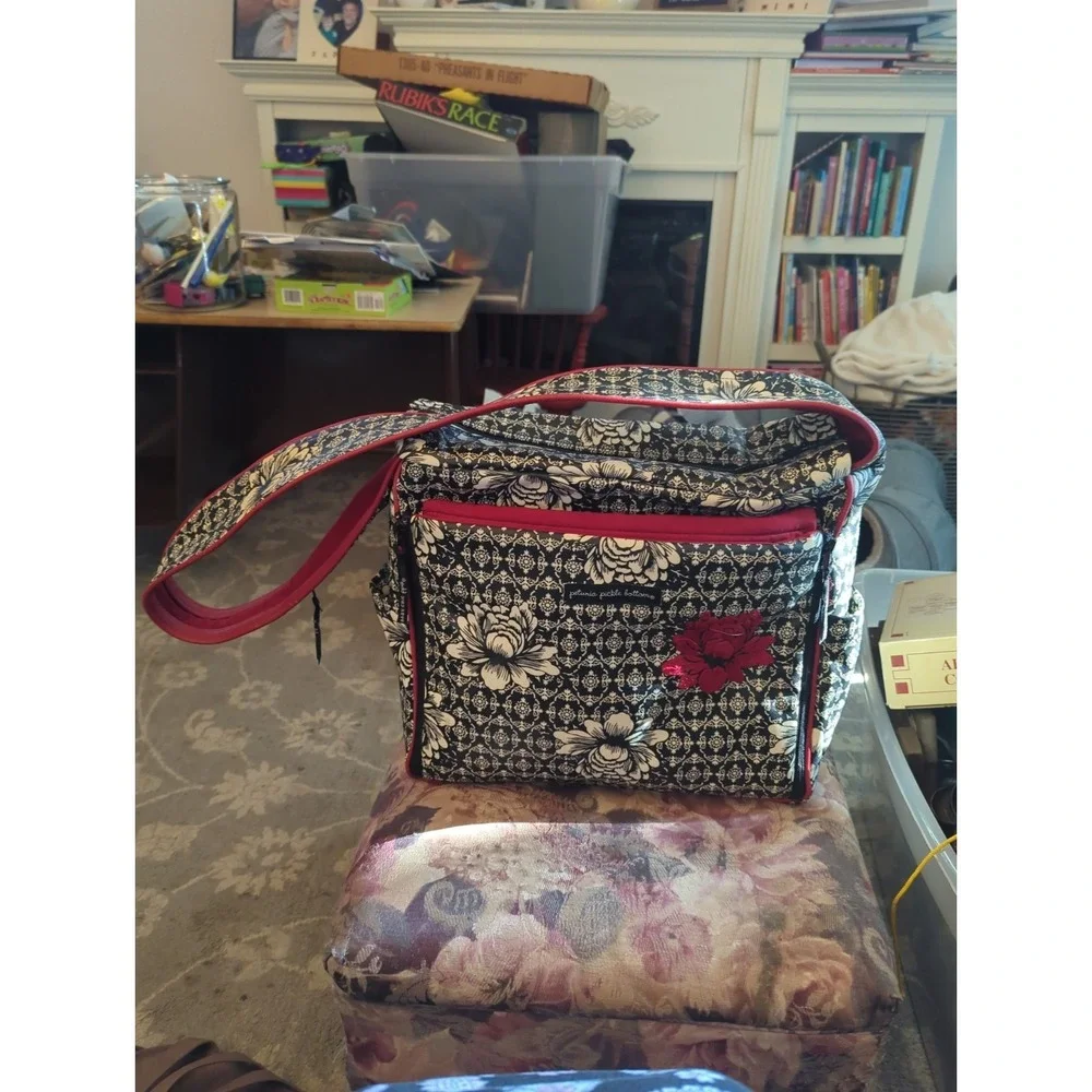 Petunia Pickle Bottom Diaper Bag Black Red Geometric Floral Design Thick Strap